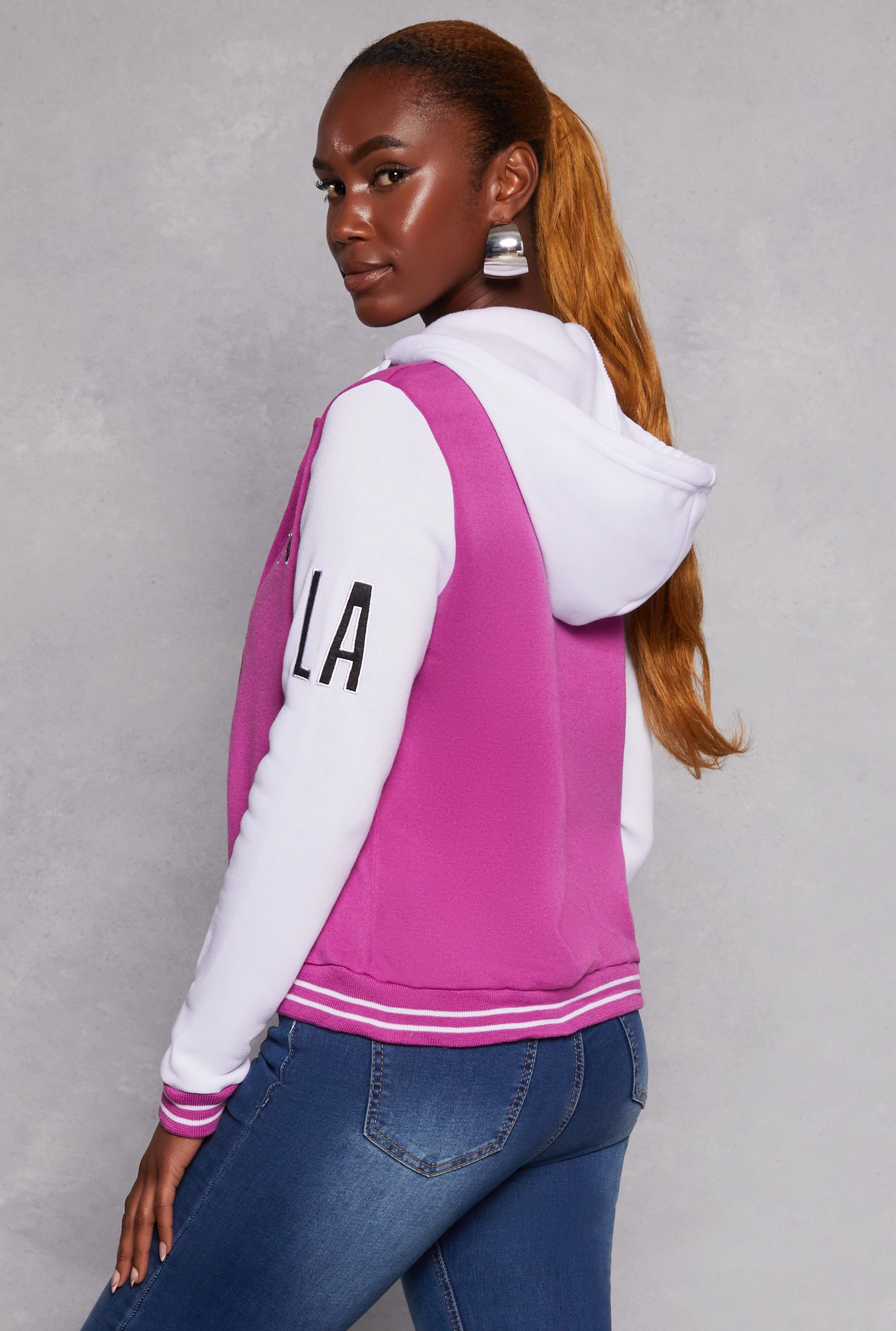 23 LA Graphic Patch Hooded Baseball Jacket