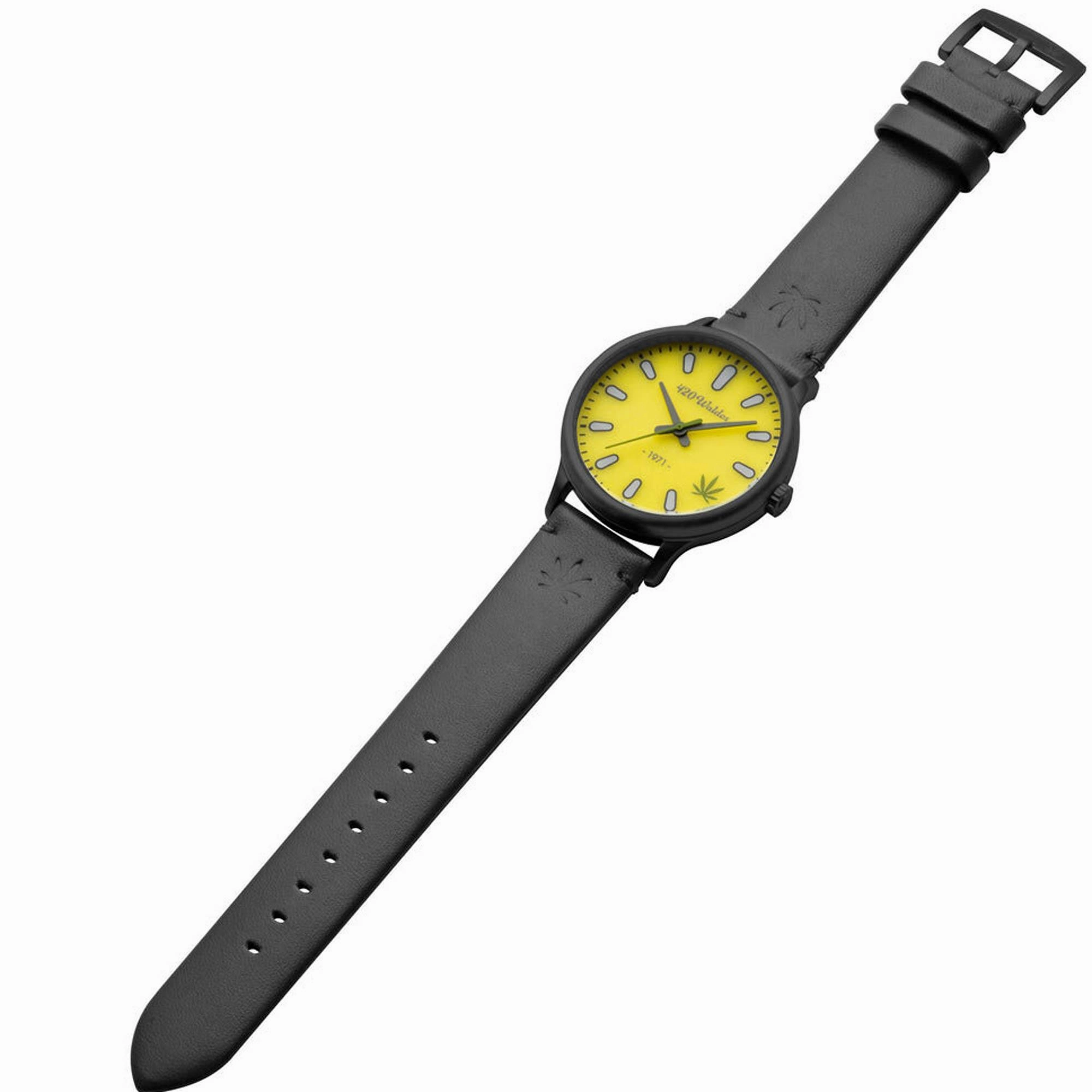 420Waldos Men's Watch - Bud Quartz Steel Case Yellow Dial Grey Leather Strap | W1012