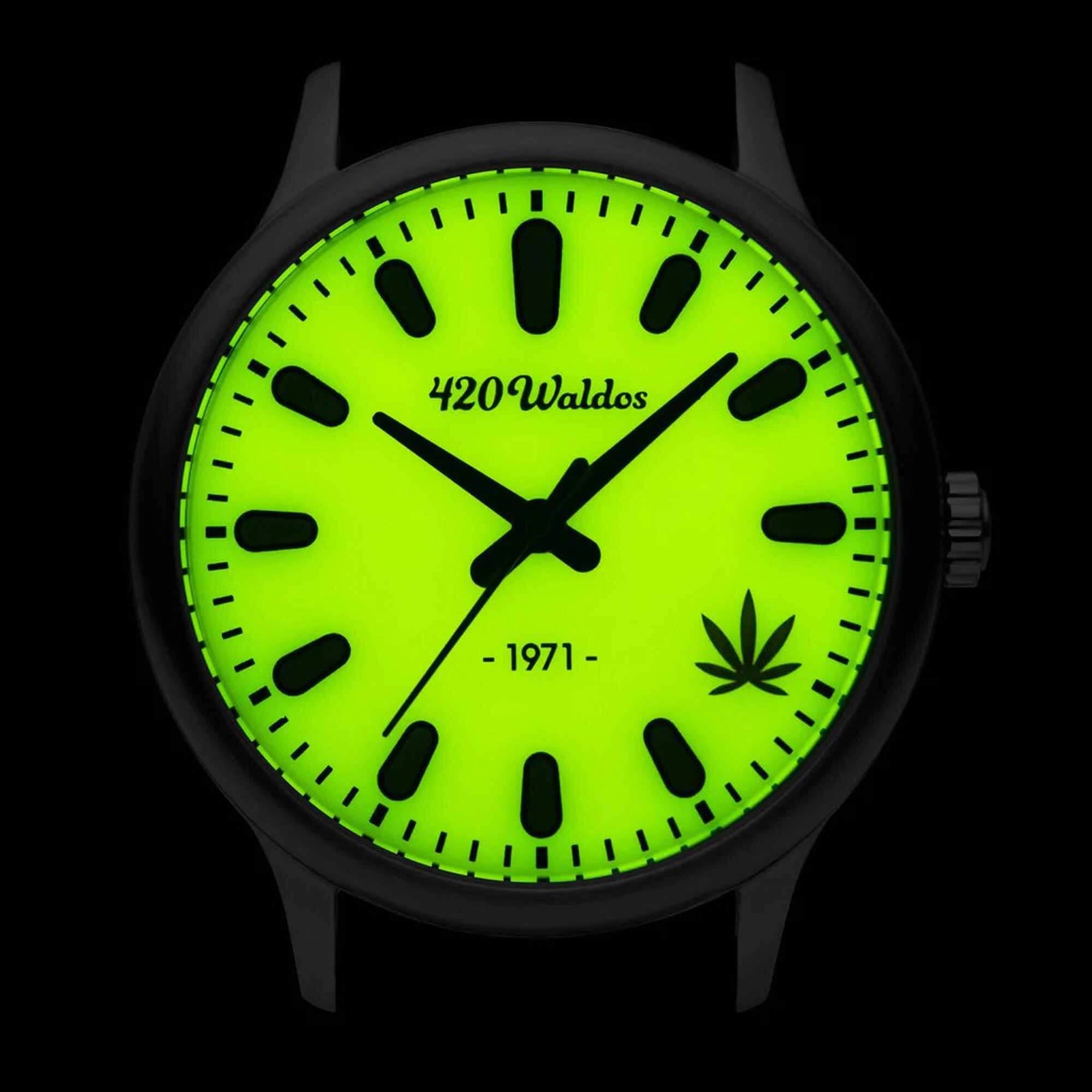 420Waldos Men's Watch - Bud Quartz Steel Case Yellow Dial Grey Leather Strap | W1012