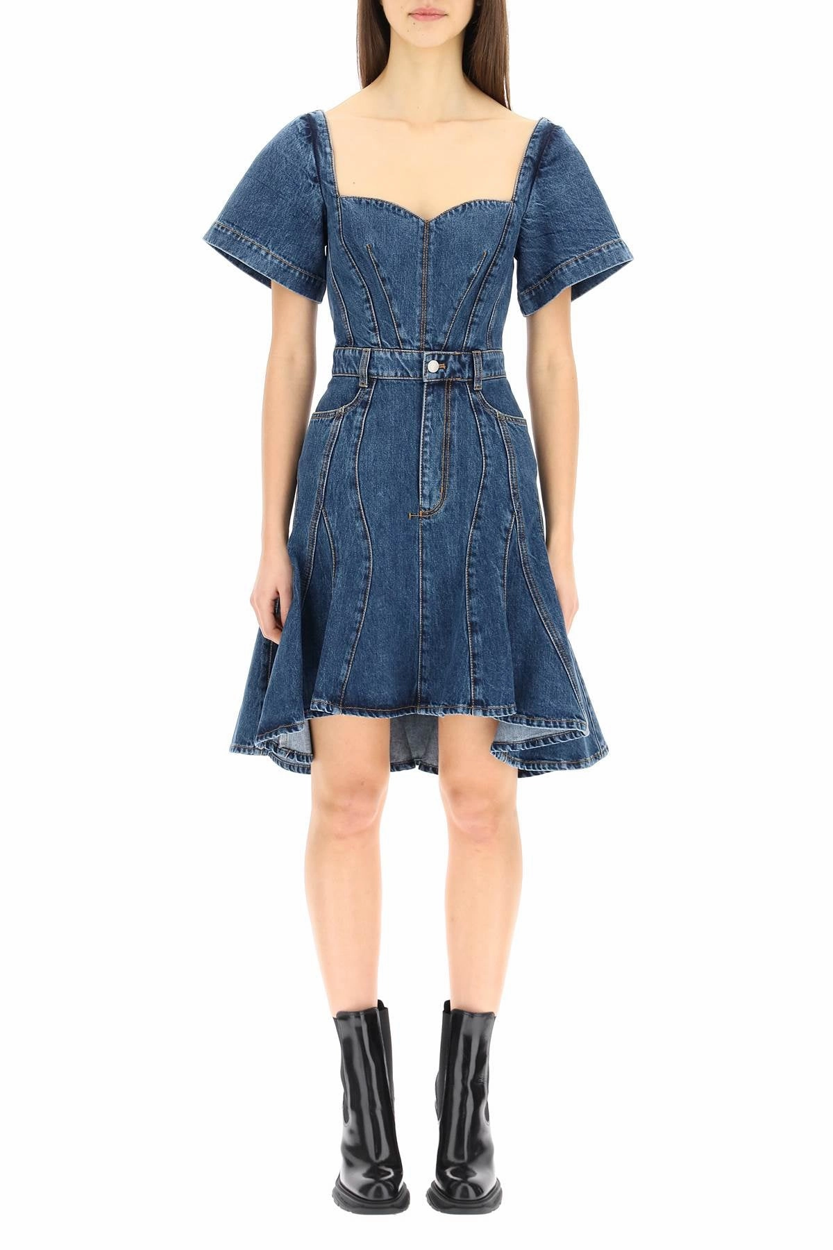 Alexander McQueen Fluted Denim Mini Dress