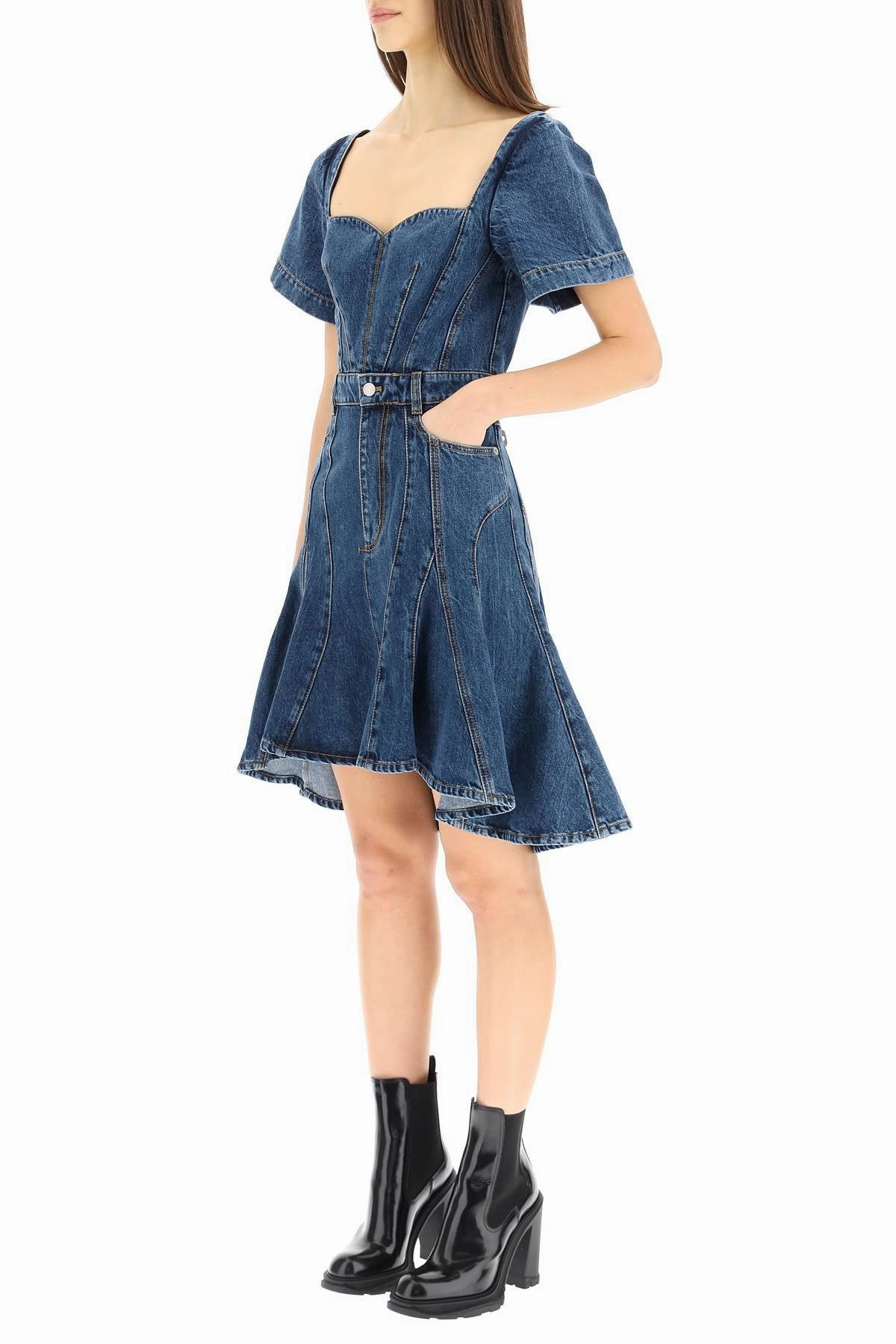 Alexander McQueen Fluted Denim Mini Dress