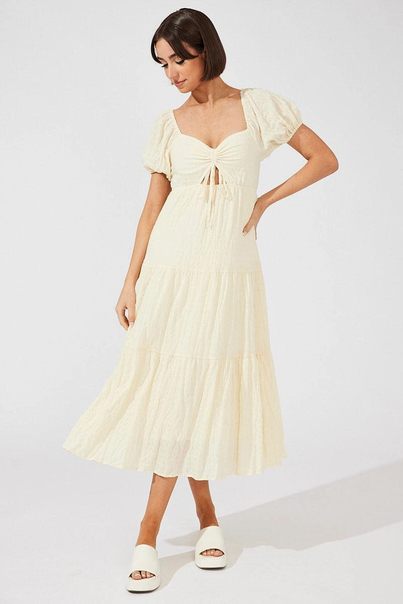 Beige Midi Dress Puff Sleeve Ruch Front