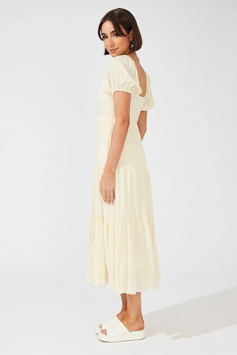Beige Midi Dress Puff Sleeve Ruch Front