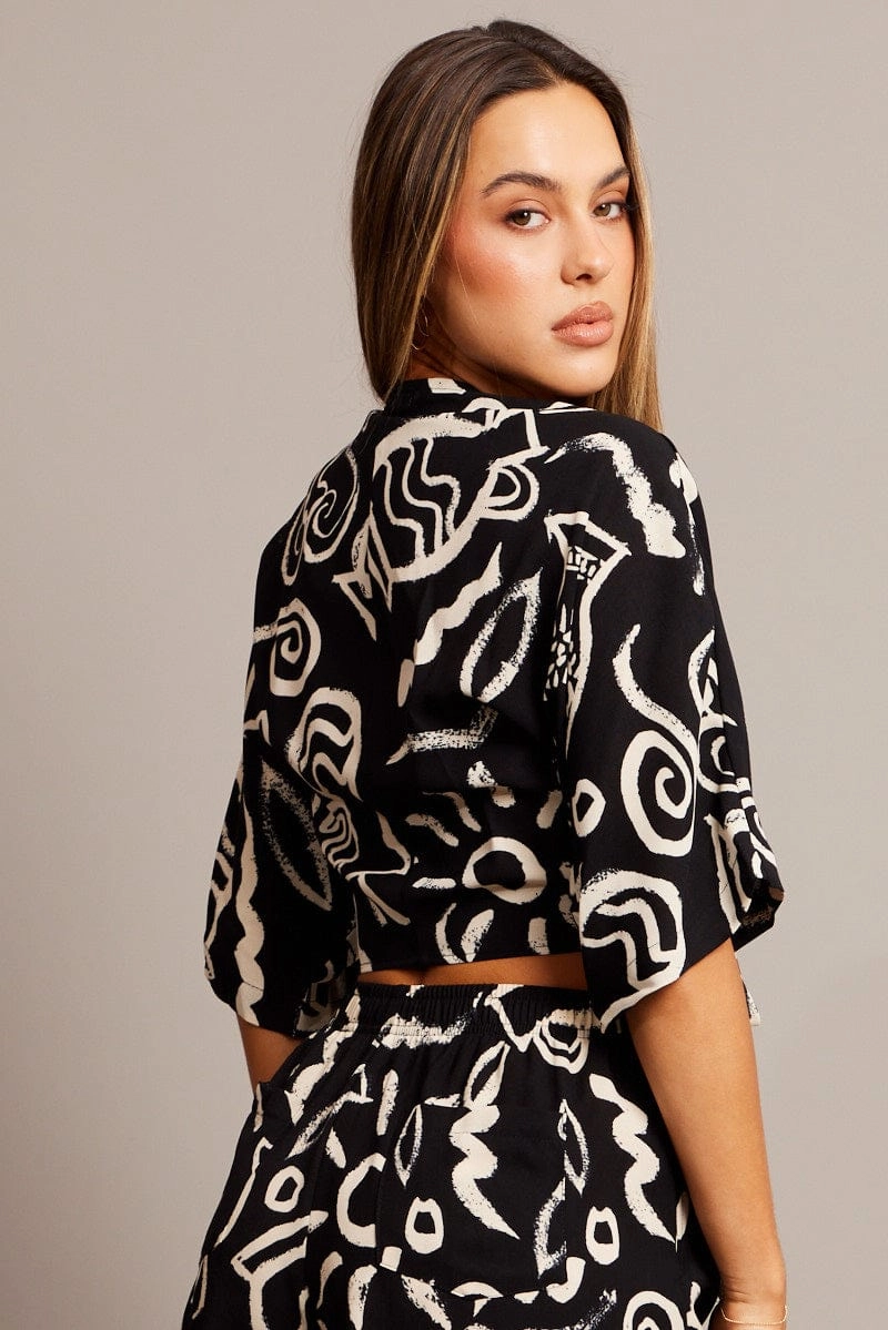 Black Abstract Tie Up Bolero Short Sleeve