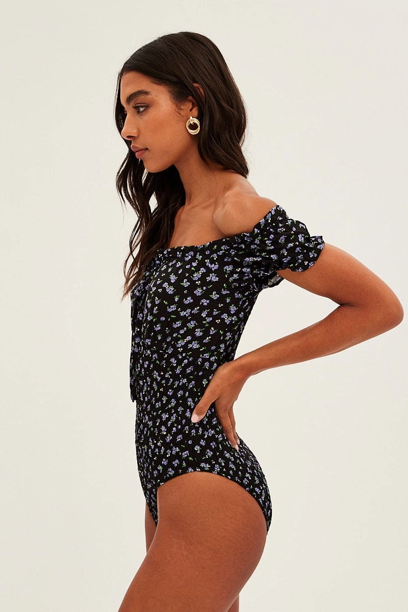 Black Ditsy Ditsy Print Puff Sleeve Tie Front Shirred Bodysuit