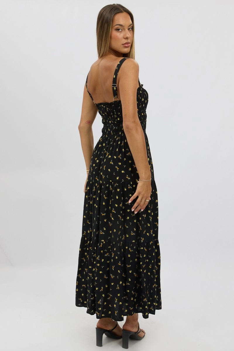 Black Ditsy Maxi Dress Strappy Tiered