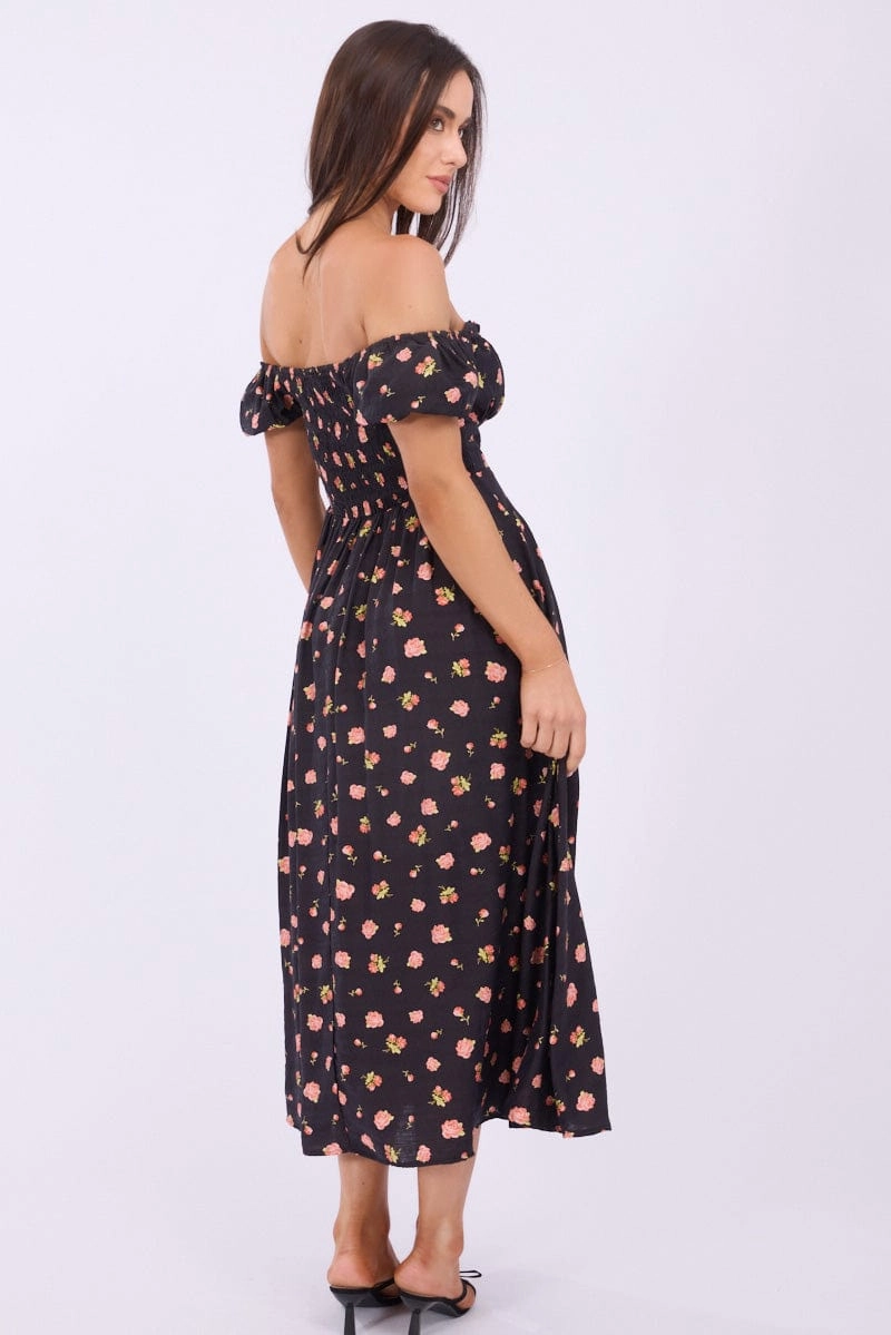 Black Ditsy Midi Dress Puff Sleeve