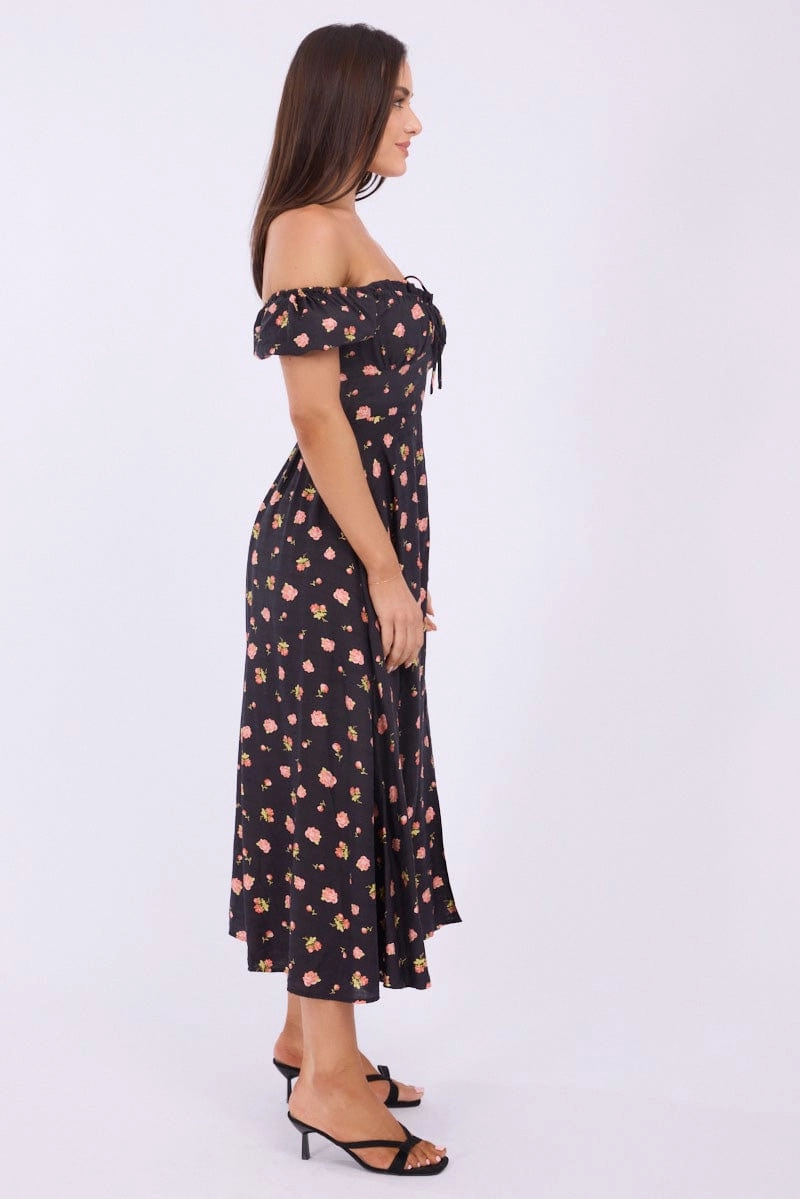 Black Ditsy Midi Dress Puff Sleeve