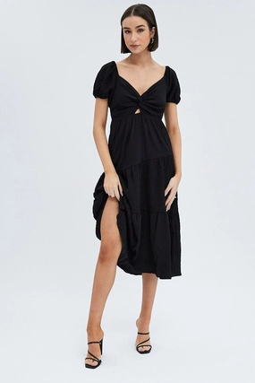 Black Midi Dress Short Sleeve Cut Out