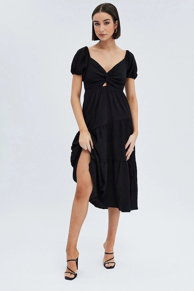 Black Midi Dress Short Sleeve Cut Out