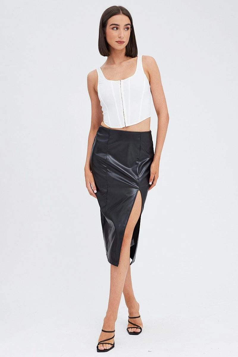 Black Midi Skirt Front Split Faux Leather