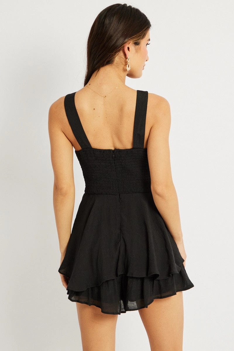 Black Ruffle Playsuit V-Neck
