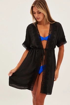 Black Tie Front Lace Kimono