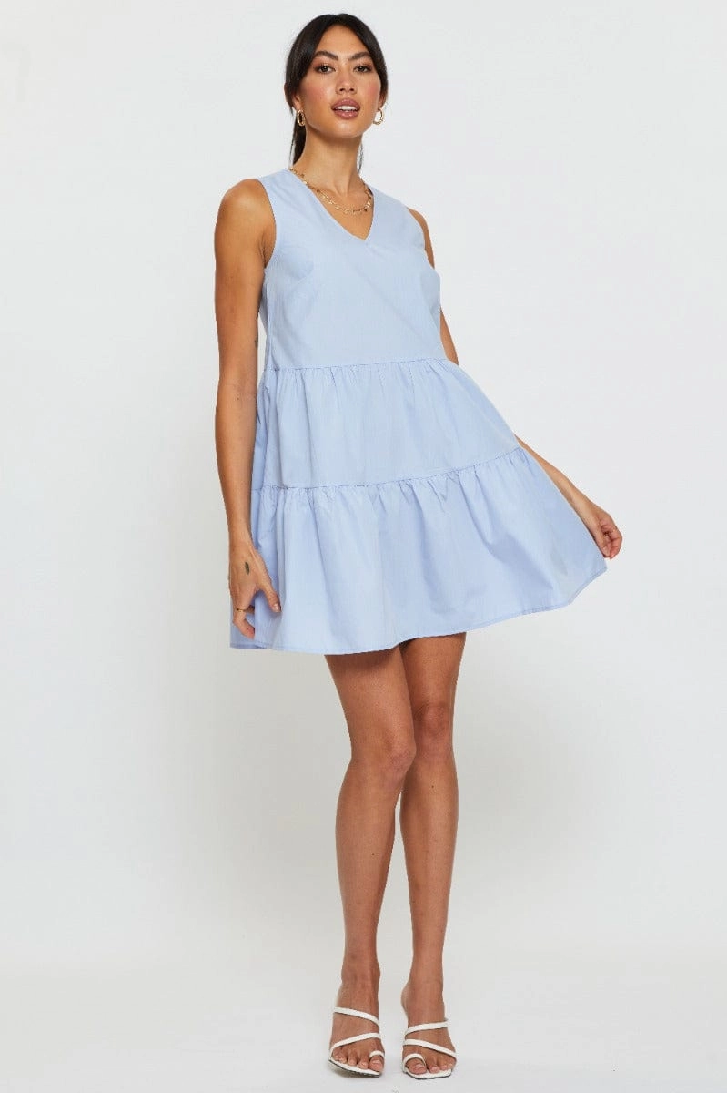 Blue A Line Dress Mini V Neck