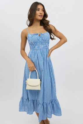 Blue Check Midi Dress Tiered Strappy