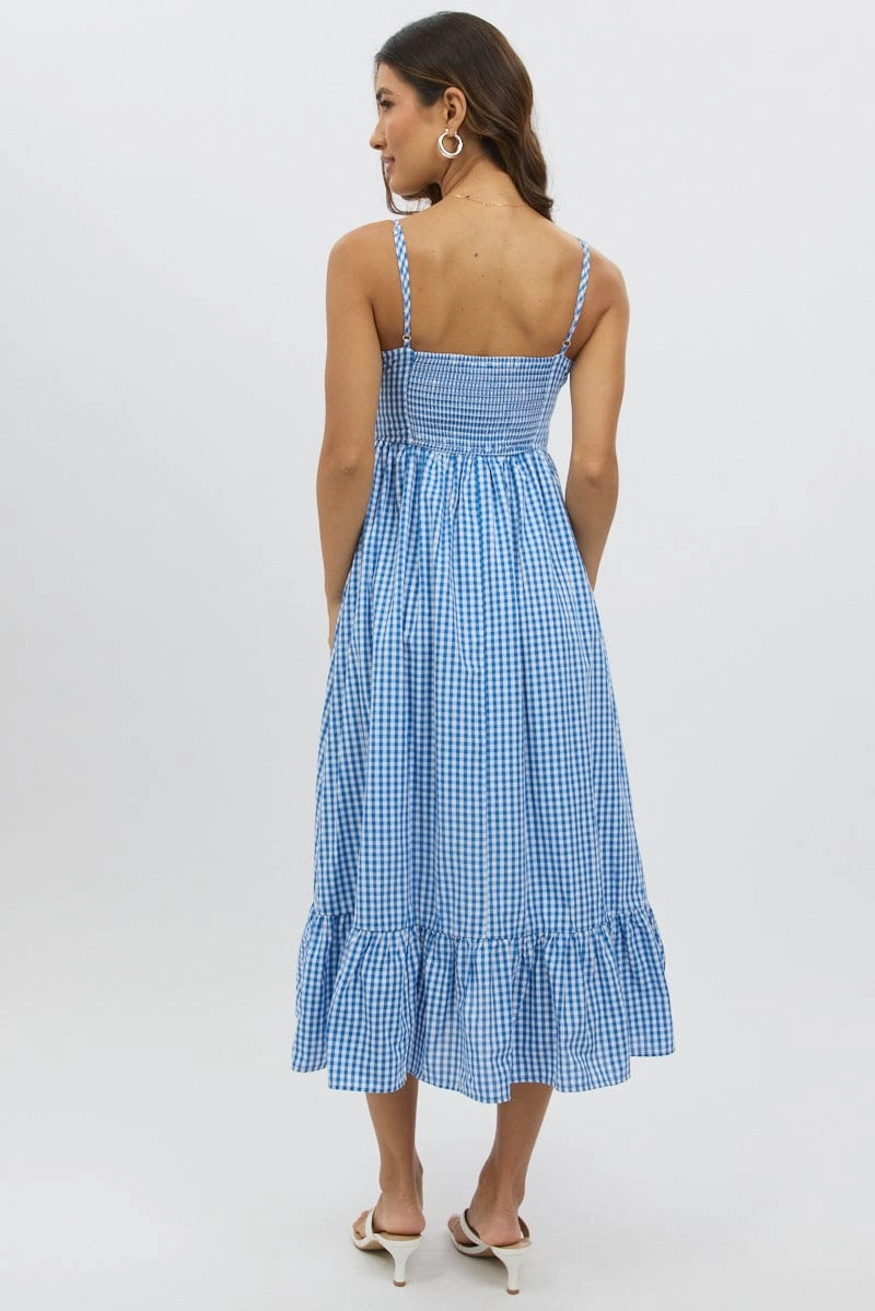 Blue Check Midi Dress Tiered Strappy