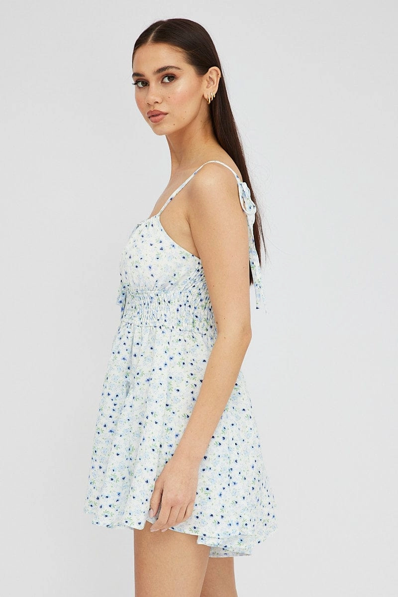 Blue Ditsy Ruffle Playsuit Sleeveless