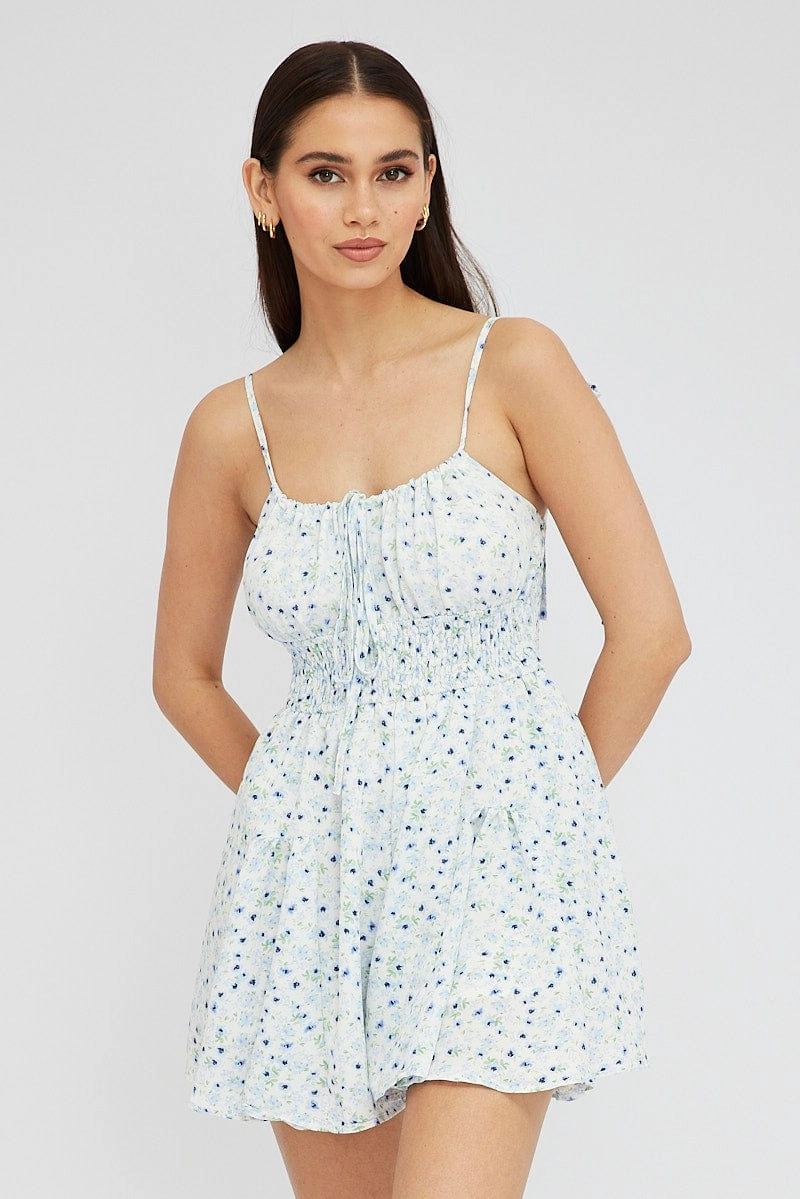 Blue Ditsy Ruffle Playsuit Sleeveless