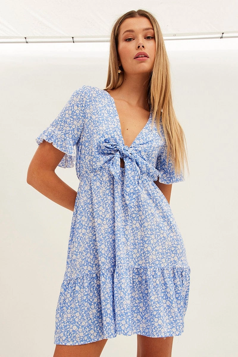 Blue Floral Tie Front Mini Skater Dress