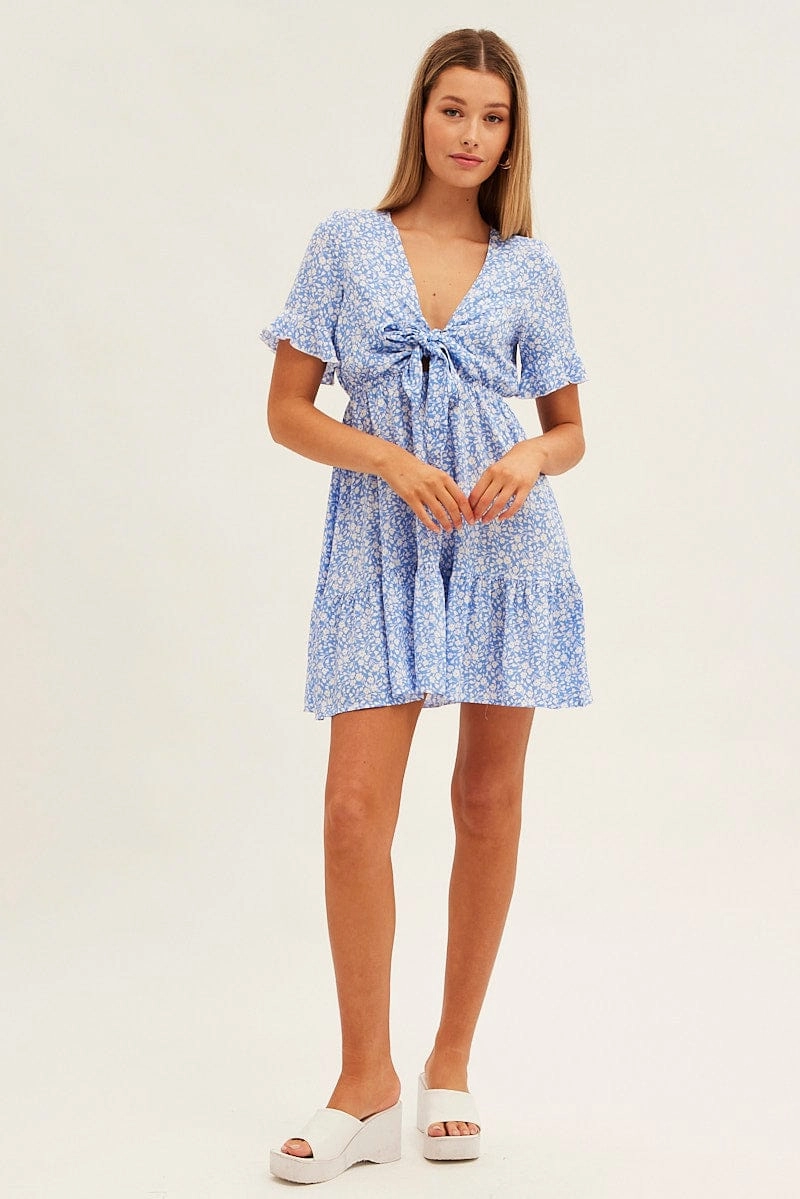 Blue Floral Tie Front Mini Skater Dress