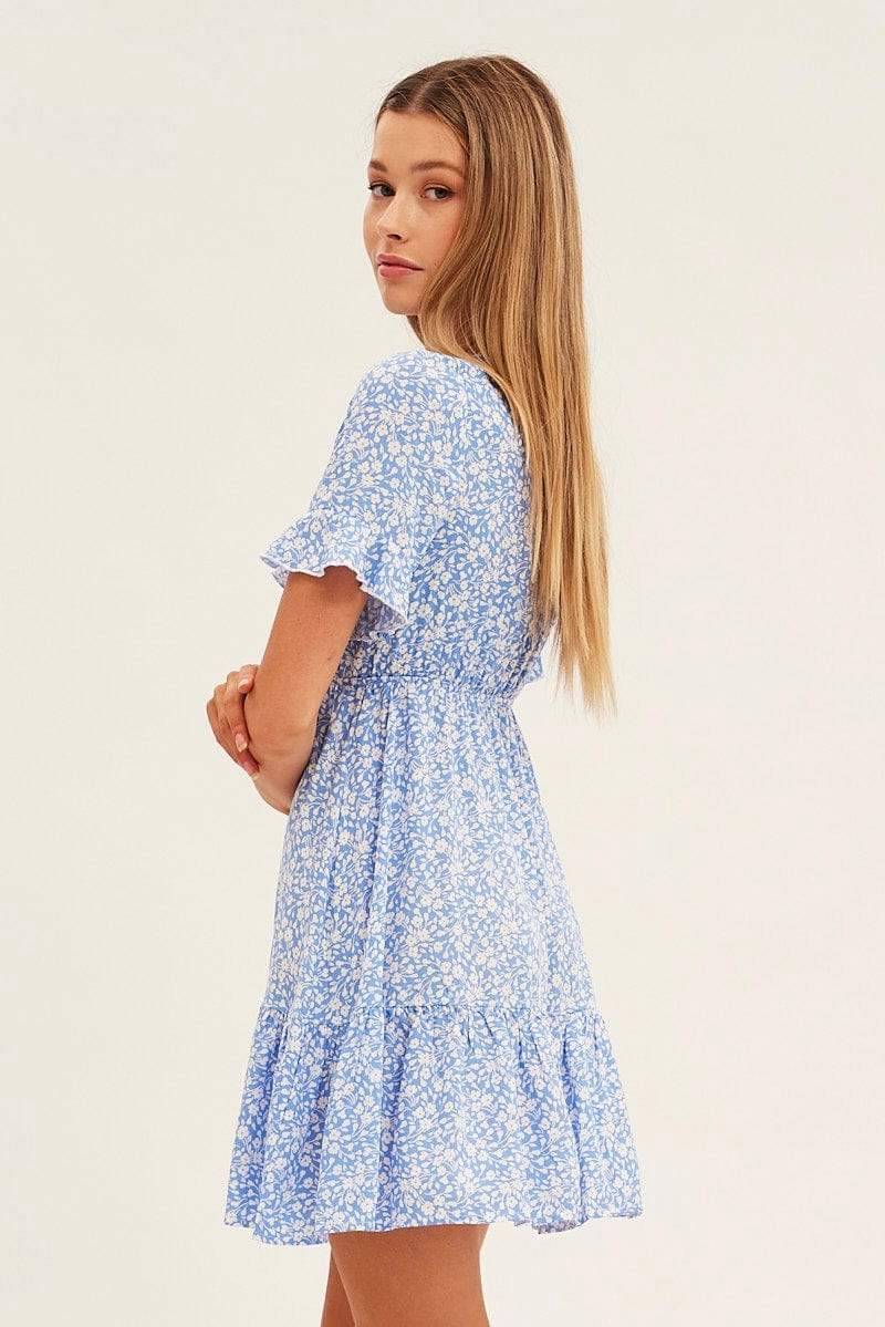 Blue Floral Tie Front Mini Skater Dress