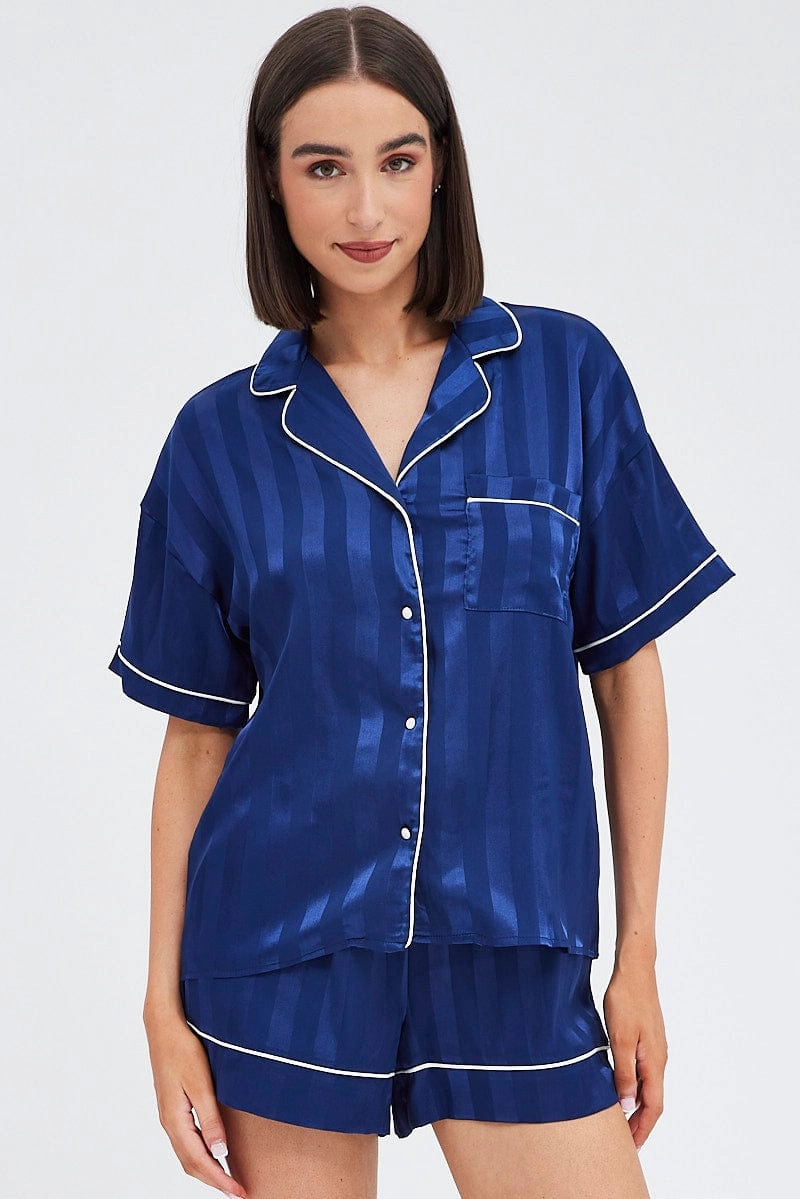 Blue Stripe Satin Pj Jacquard Stripe Piping Pyjama Set