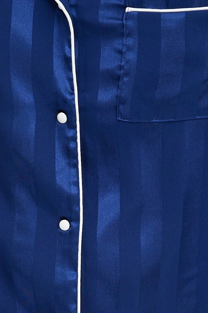 Blue Stripe Satin Pj Jacquard Stripe Piping Pyjama Set