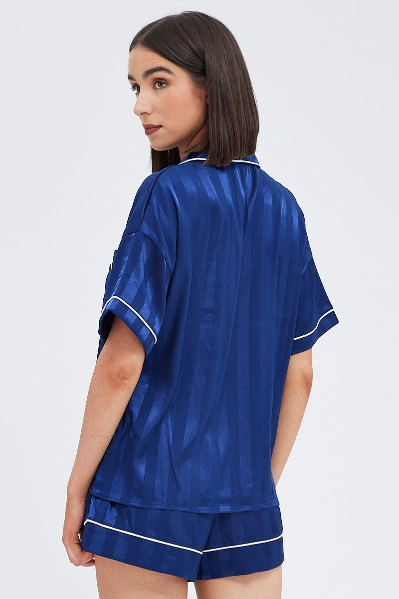 Blue Stripe Satin Pj Jacquard Stripe Piping Pyjama Set