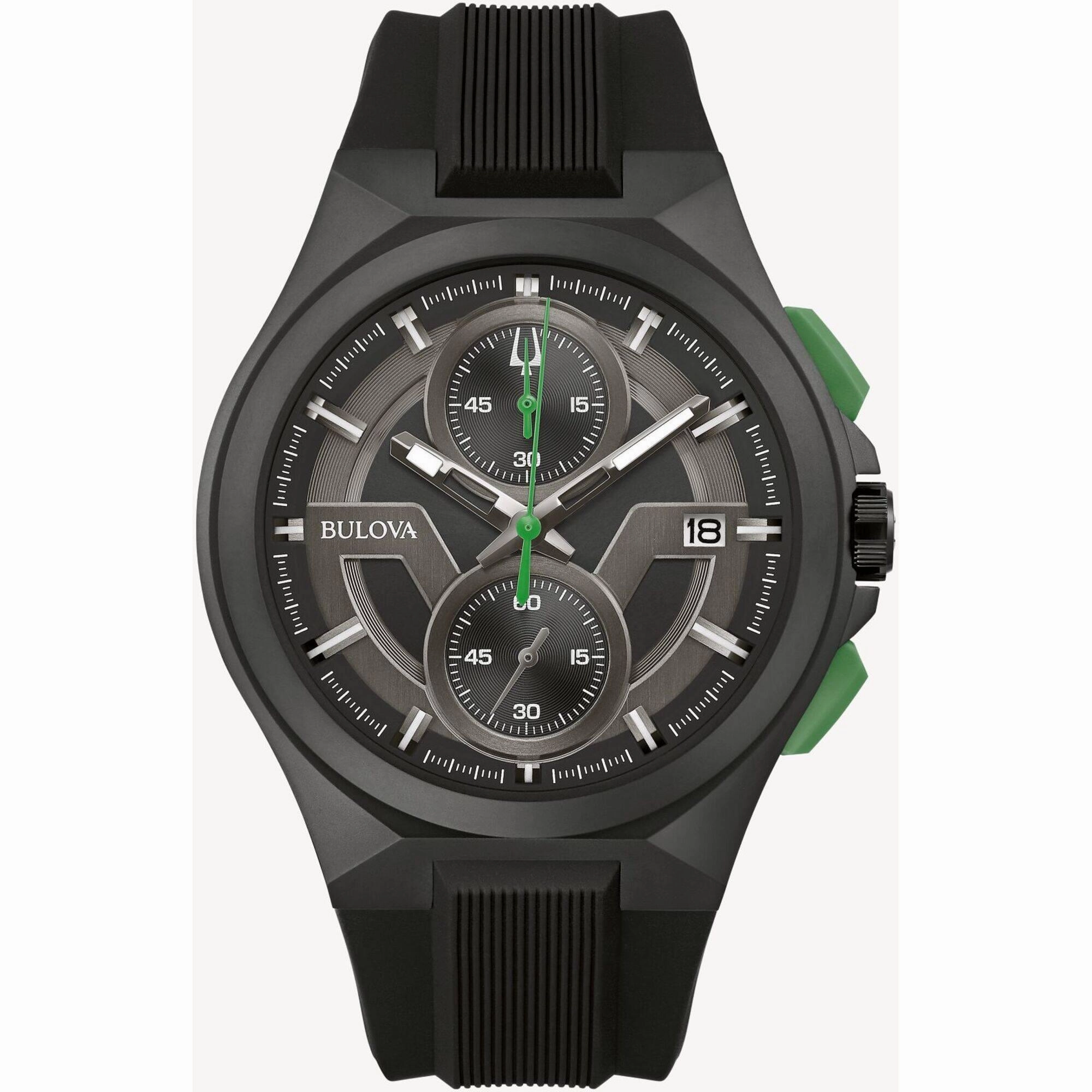 Bulova Men's Watch - Maquina Chrono Black and Dark Grey Dial Rubber Strap | 98B381