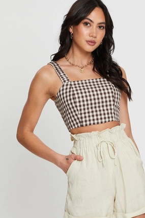 Check Crop Top Sleeveless Square Neck