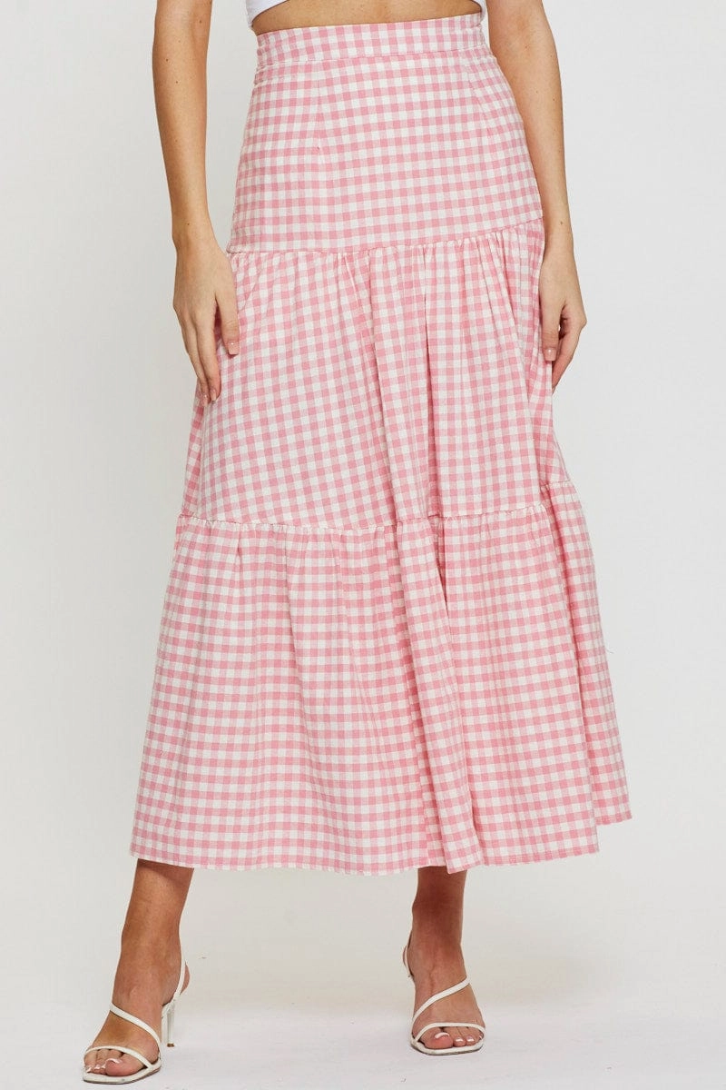 Check Elastic Waist Maxi Skirt