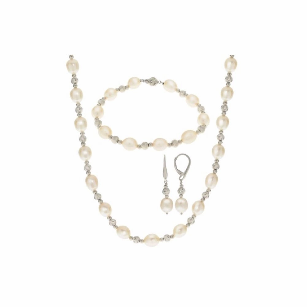 Cultured Women's Freshwater Pearl and Diamond Cut Bead 3 Piece Set - Unique Design