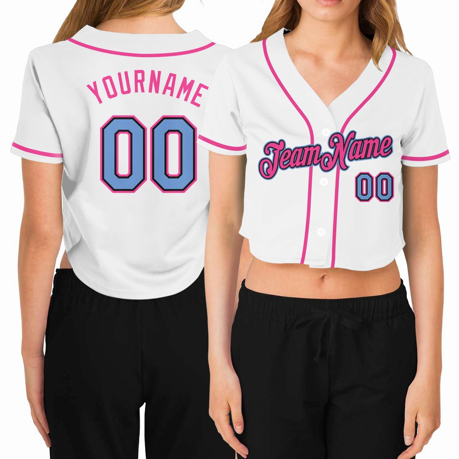 Custom Women's White Light Blue Black-Pink V-Neck Cropped Baseball Jersey