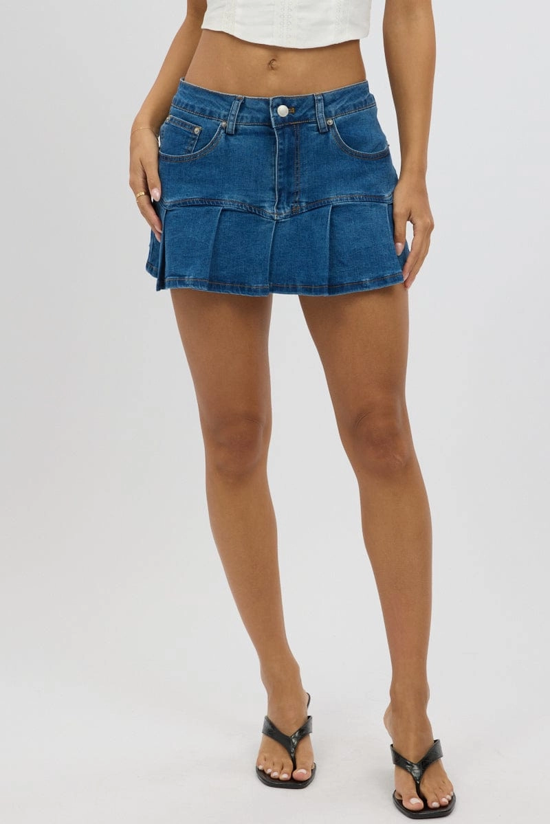 Denim Pleated Skort Mid Rise Mini Stretch Lined