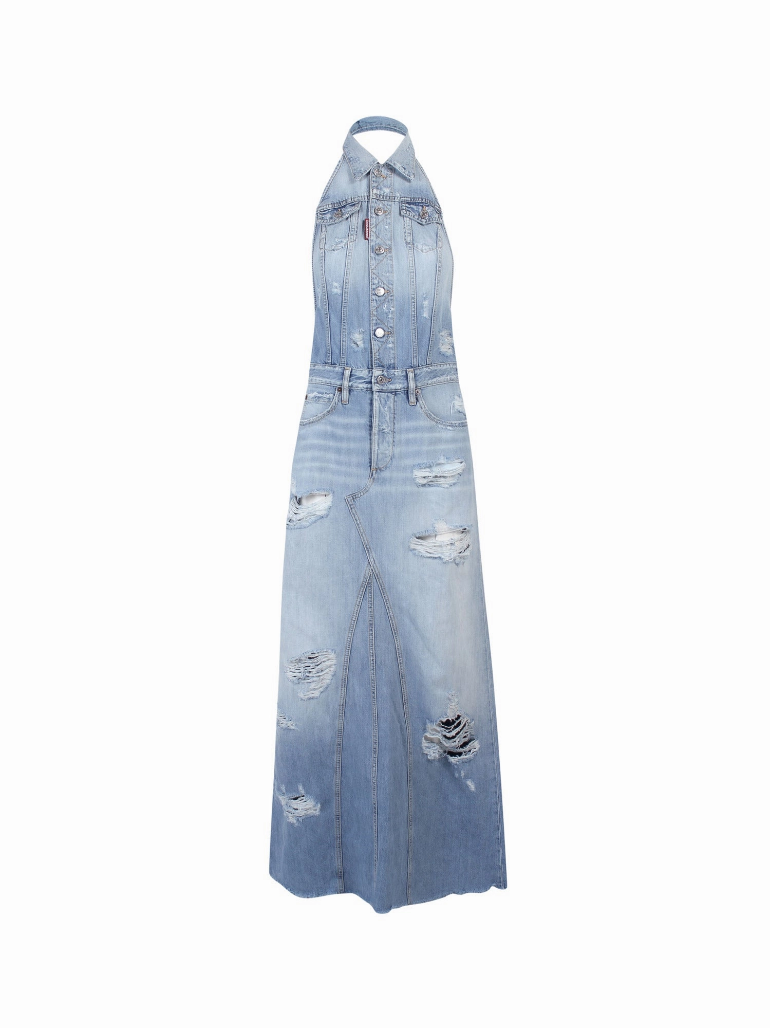 Dsquared2 Distressed Halterneck Denim Maxi Dress