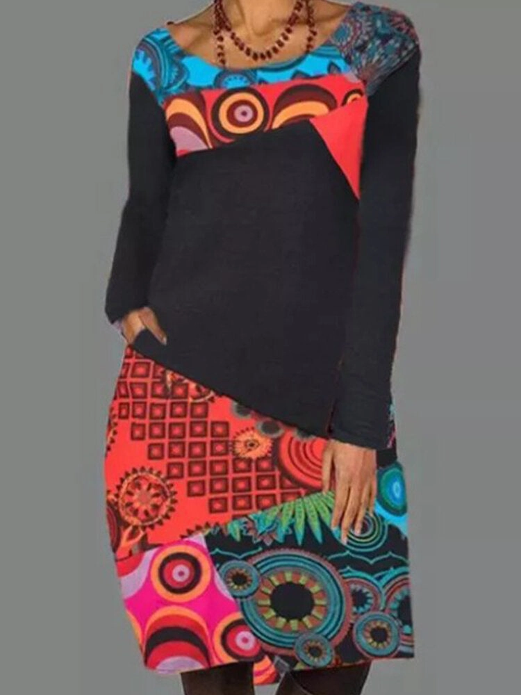 Ethnic Pattern Patchwork Casual Print Round Neck Long Sleeve Women Midi Dress