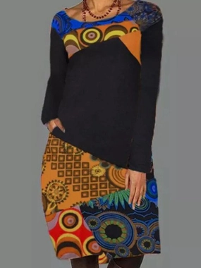 Ethnic Pattern Patchwork Casual Print Round Neck Long Sleeve Women Midi Dress