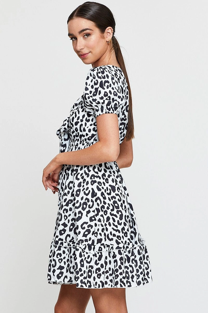 Geo Print Mini Dress Short Sleeve V Neck Tie
