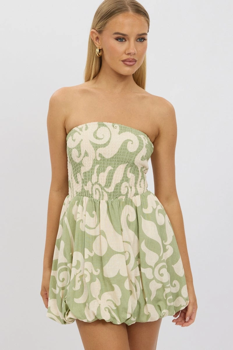 Green Abstract Bubble Mini Dress Strapless