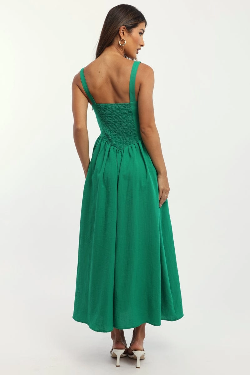 Green Midi Dress Gathered Bust
