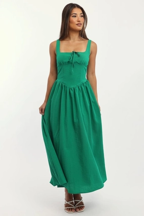 Green Midi Dress Gathered Bust