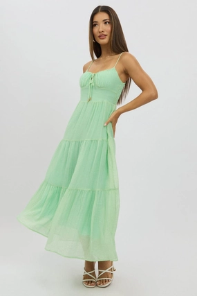 Green Midi Dress Tiered Strappy
