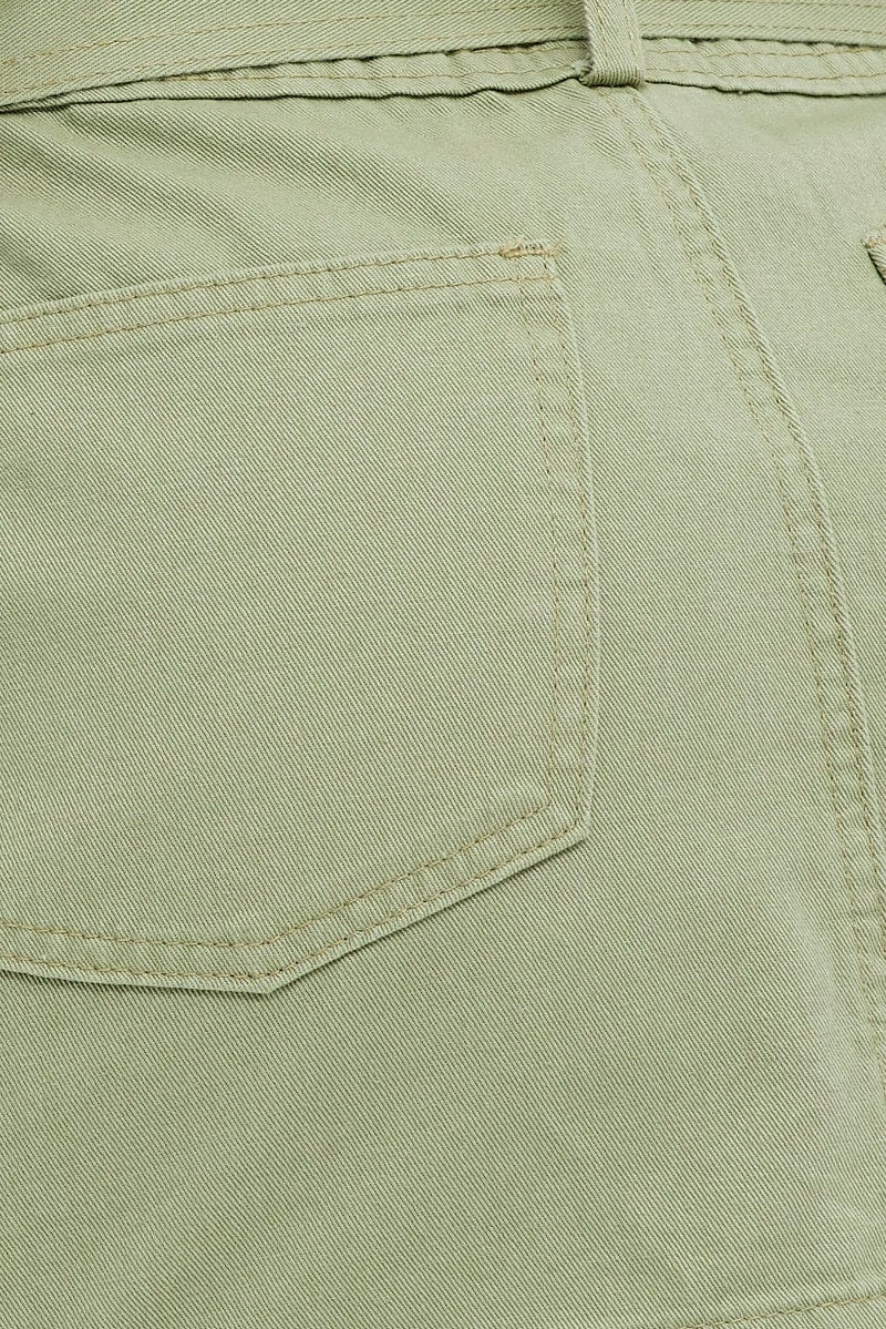Green Mini Skirt Low Rise Belted Cotton Blend