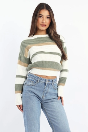 Green Stripe Knit Top Long Sleeve Color Block