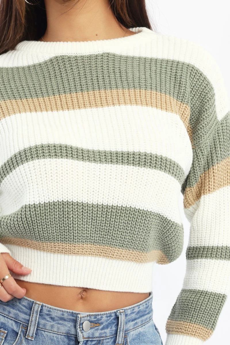 Green Stripe Knit Top Long Sleeve Color Block