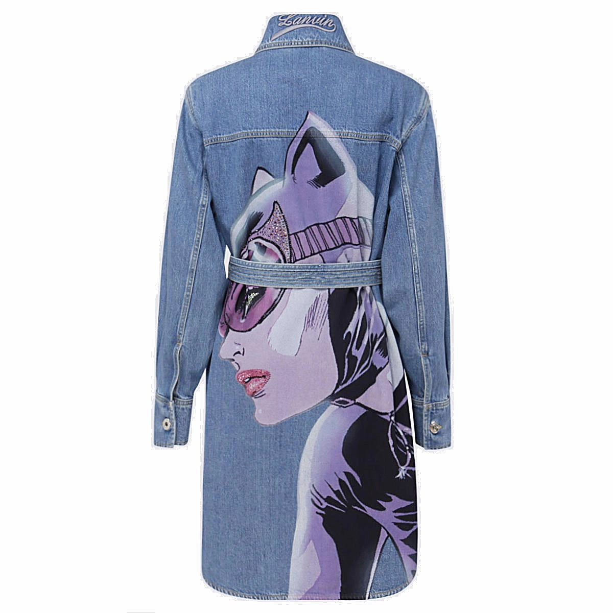 Lanvin Catwoman Print Belted Denim Shirt Dress