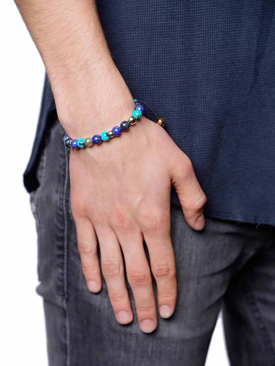 Men's Beaded Bracelet with Blue Lapis, Blue Dumortierite and Bali Turquoise