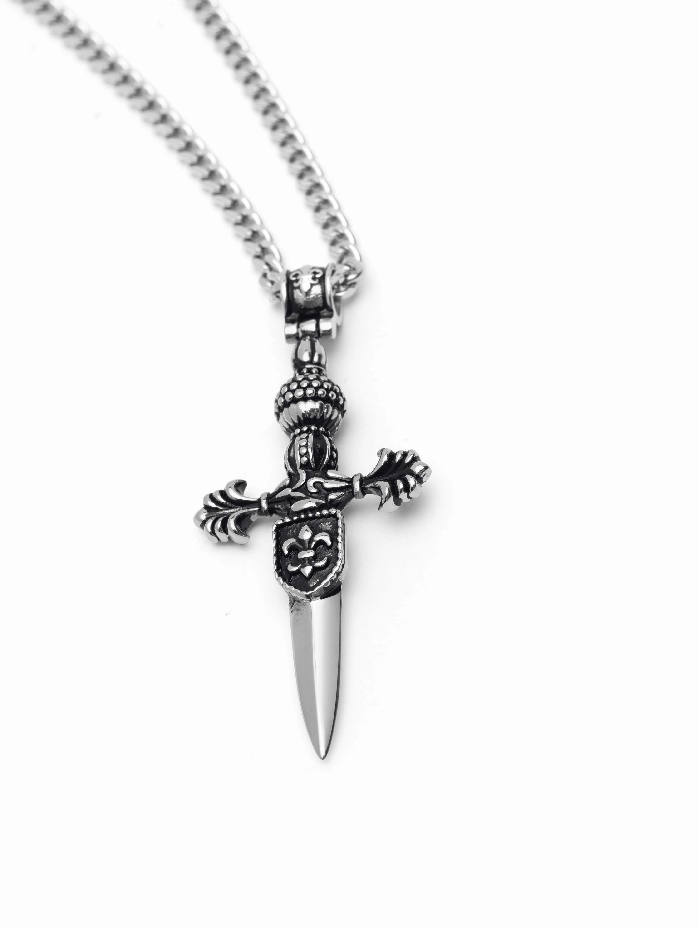 Men's Silver Necklace with Adorned Sword Pendant