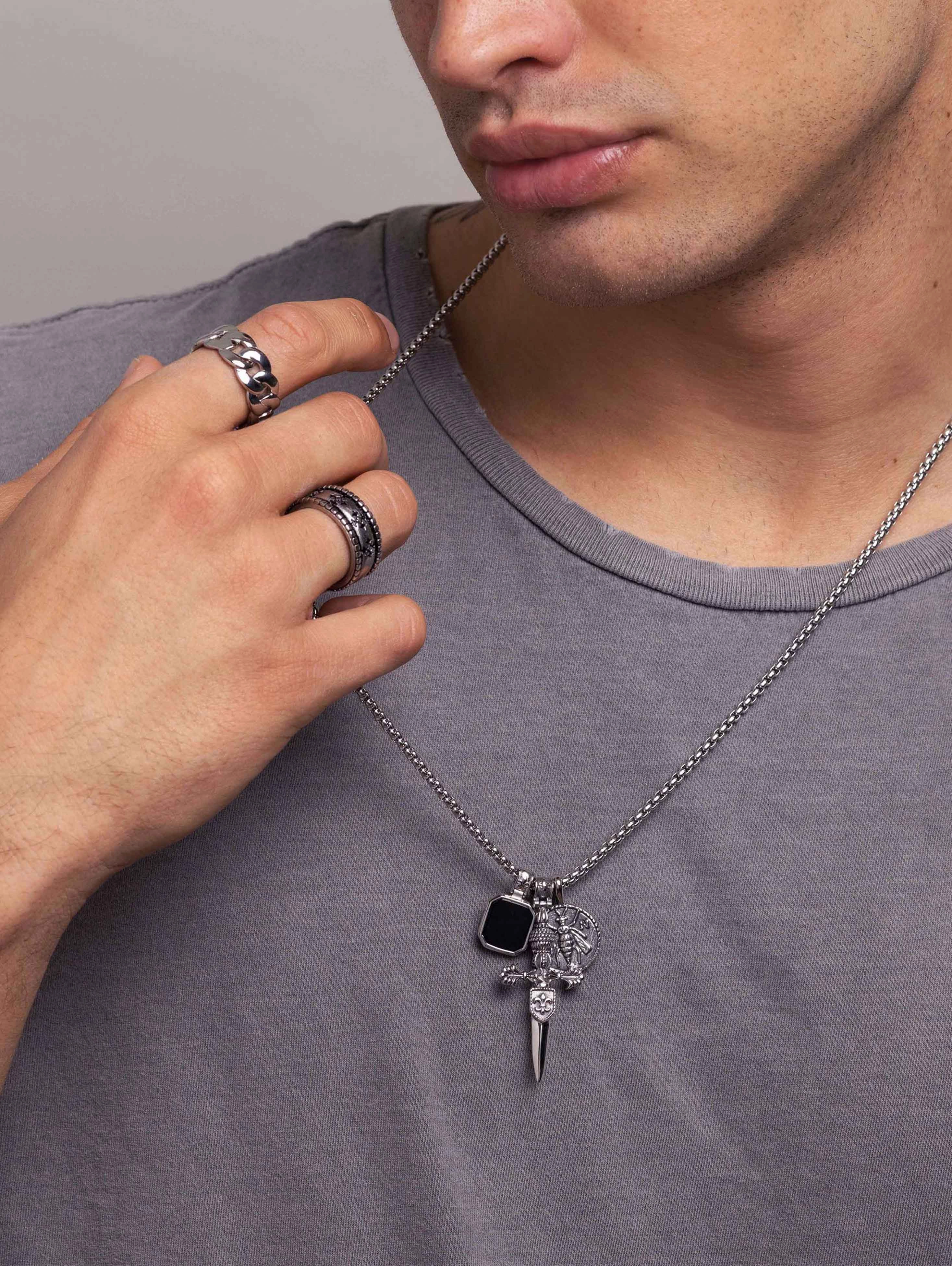 Men's Silver Necklace with Adorned Sword Pendant