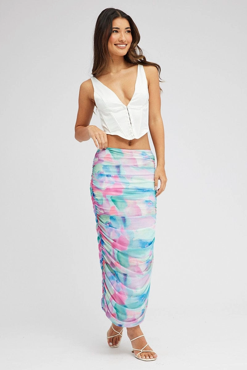 Multi Abstract Midi Skirt Side Ruched Mesh